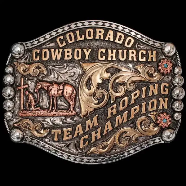 Show off your cowboy style with the Jefferson Belt Buckle. This team roping belt buckle features unique silver beads, bronze scrollwork and diamond stamped edge. Personalize this design now!
